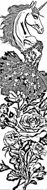 Free colorable bookmarks of a unicorn wearing a huge floral dress